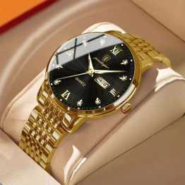 POEDAGAR Gold Fashion Stainless Steel Strap Business Multifunctional Men Wrist watch