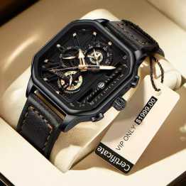 Trsoye Luminous Leather Men’s Watch Black-Gold