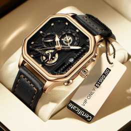 Trsoye Luminous Leather Men’s Watch Gold